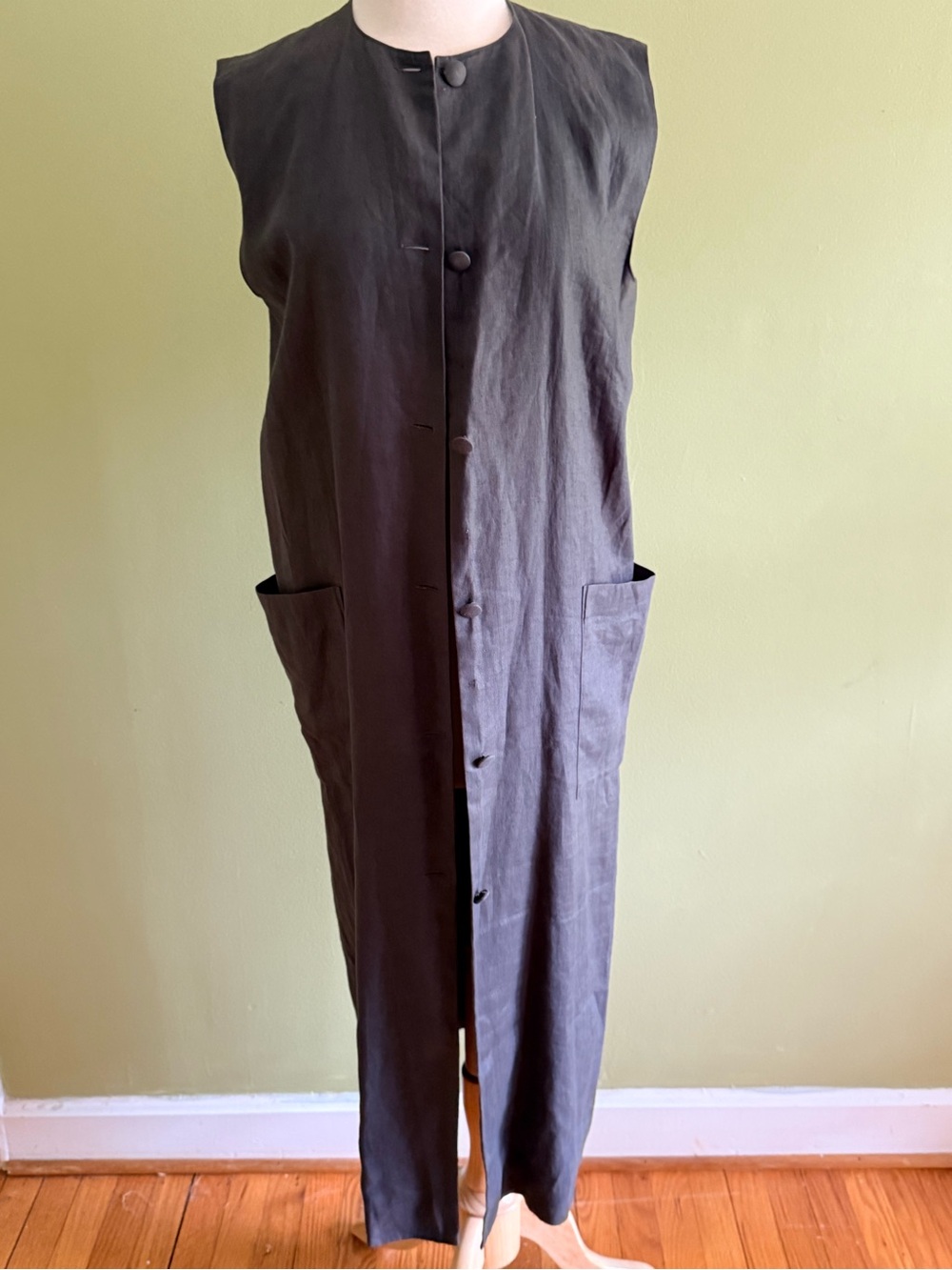 Vintage Agnes B Linen Sleeveless Long Button-Front Dress in Dark Gray